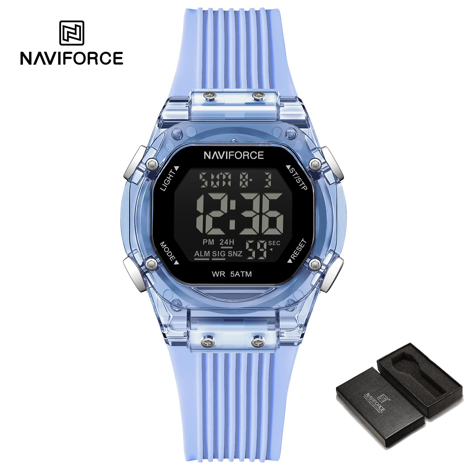 Naviforce Цифровые женские часы Будильник Календарь Дата ЖК-дисплей Спортивный Хронограф Силиконовый ремешок Водонепроницаемые Женские часы для девушки Подарок NF6114 синий