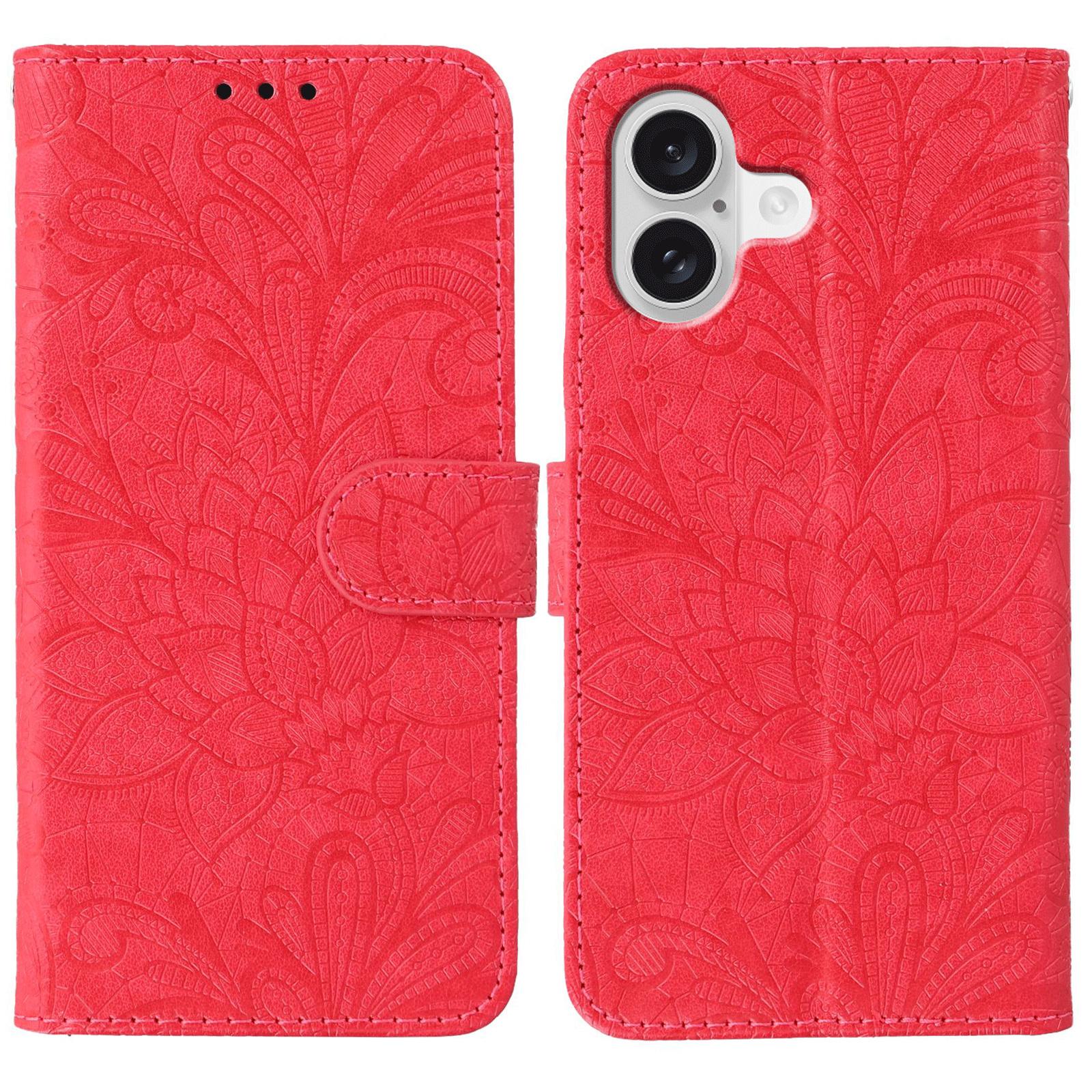 

For iPhone 17 Case Lace Flowers PU Leather Flip Wallet Phone Cover Red
