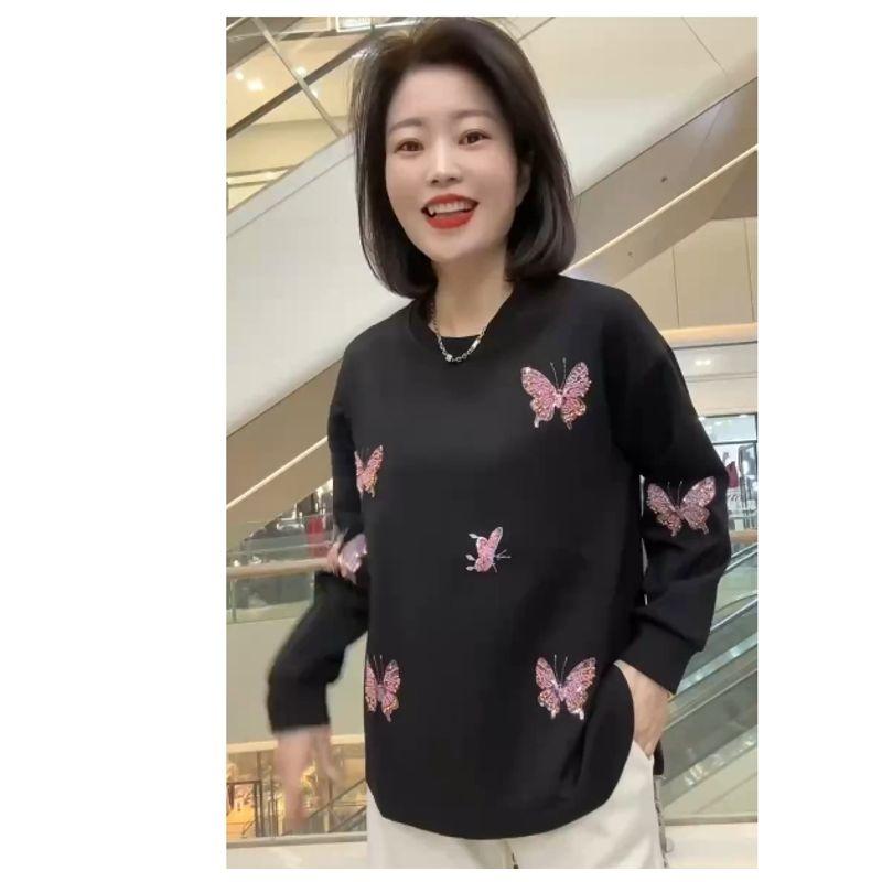 

Flash Stereo Butterfly Diamond! Lazy Fan Girl Long sleeve Cocoon Shaped round Neck Slimming Air Cotton Hoodie Autumn and Winter Outerwear Black 4XL