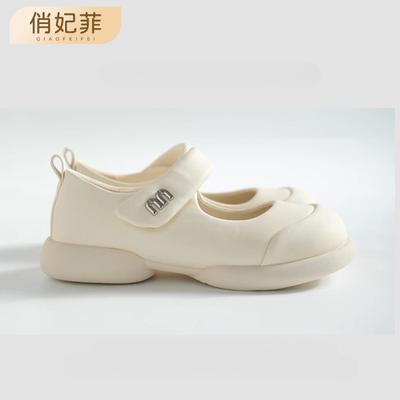 Qiao Feifei szpilki oryginalne niszowe buty Mary Jane z miękkiej skóry zapinane na rzep z okrągłym noskiem wygodna gruba podeszwa