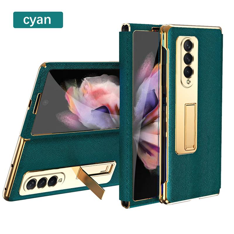 Per Samsung Galaxy Z Fold 5 4 3 2 5G Custodia Lussuosa in Pelle con Cornice Placcata e Cavalletto Pellicola Protettiva per Schermo Frontale