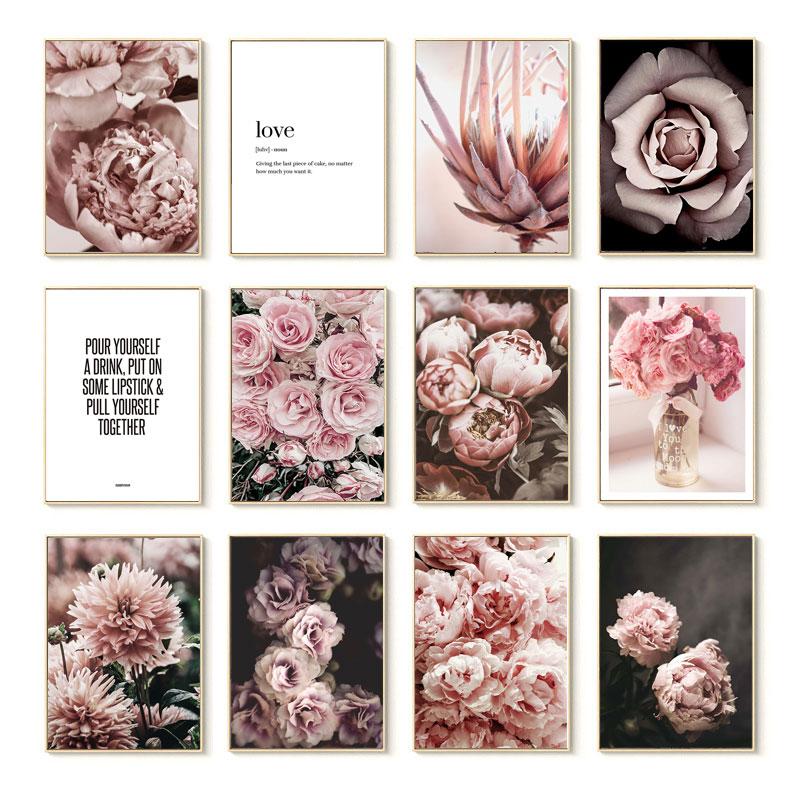 Pink Wall Art Peony Flowers Posters Pictures Quotes Bedroom Wall Decorative Prints Wall Painting for Living Room Decor Art