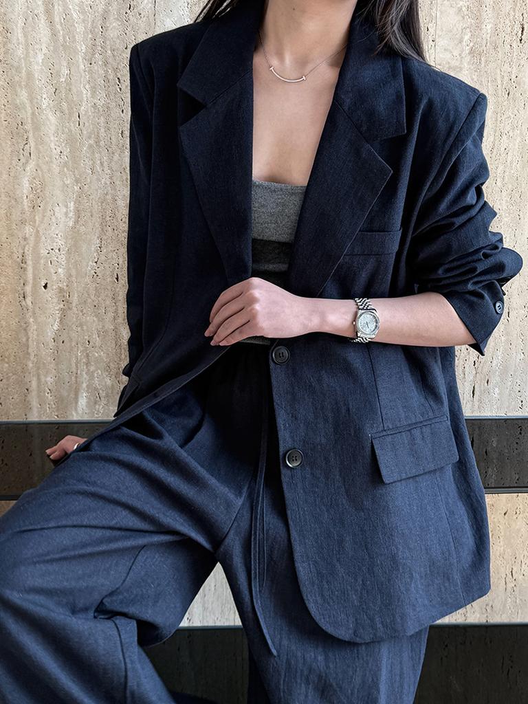 Women's Autumn Cotton Linen Blazer Suit Set with Pants