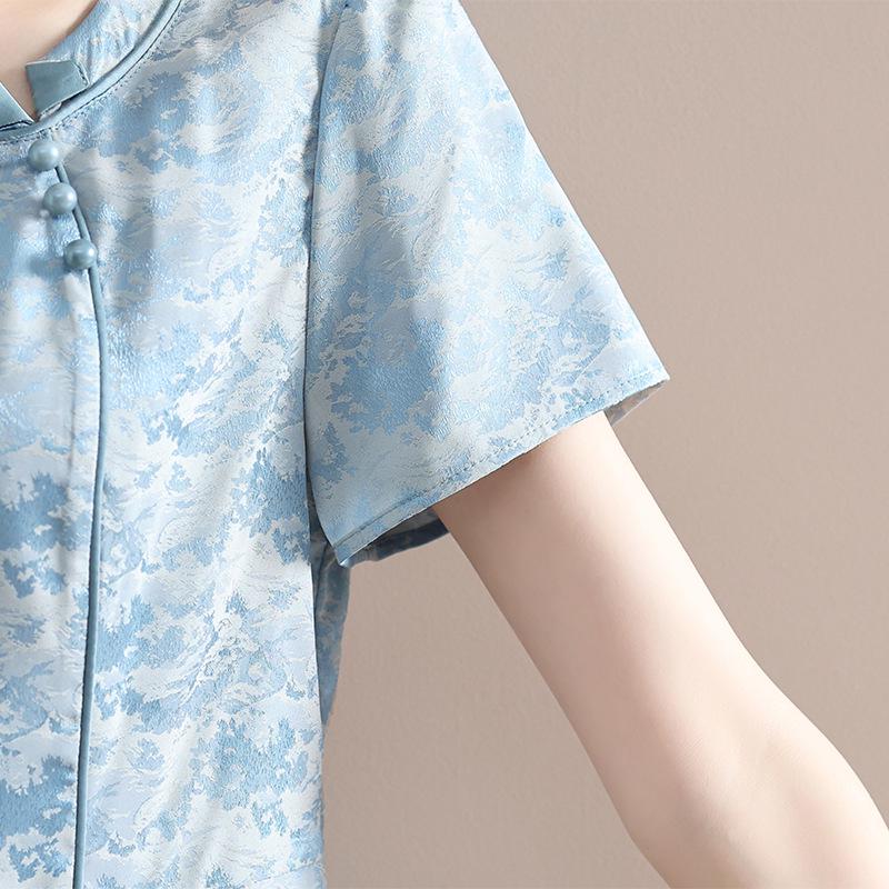 Mom's Summer Short Sleeve Chinese-Style Set: Blouse + Wide-Leg Pants for Middle-Aged and Elderly Women