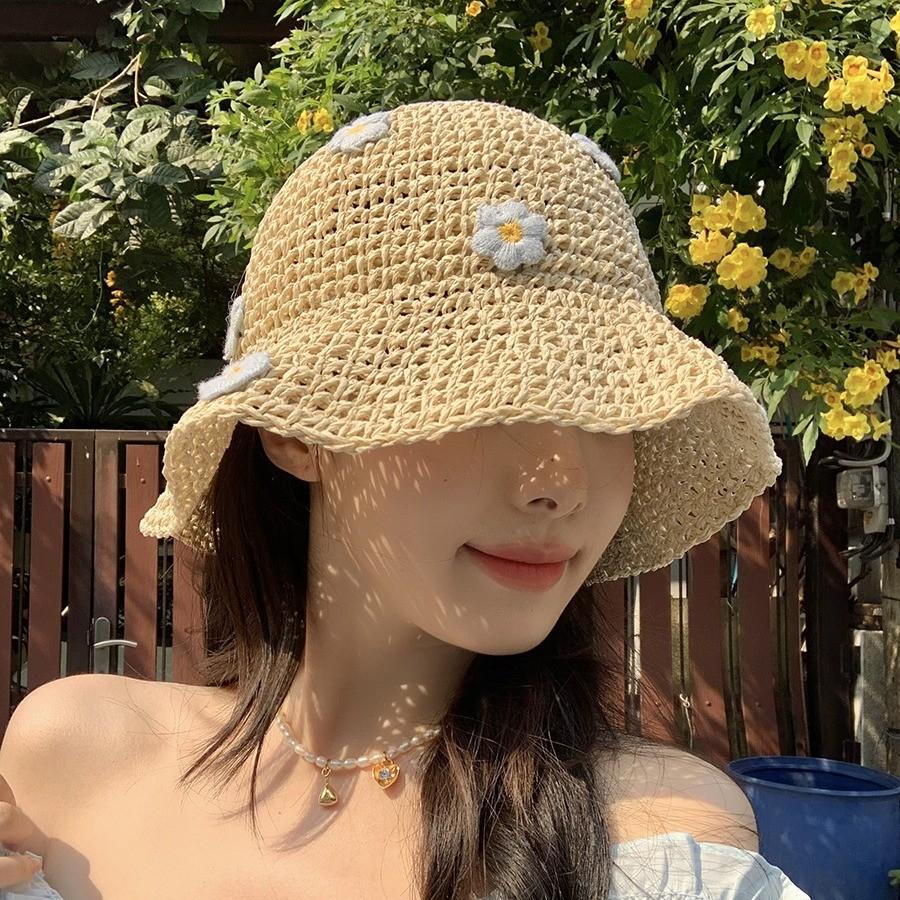 Stylish Blue Floral Straw Fisherman Hat For Women With Wide Brim Breathable Design Ideal For Sun Protection