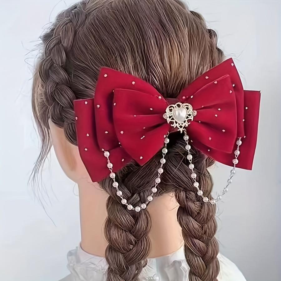 Elegante Samt-Fliege Haarspange mit Kristall und Imitationsperlen, Niedliches einfarbiges Quasten-Haaraccessoire, Perfektes Valentinstagsgeschenk für Mädchen