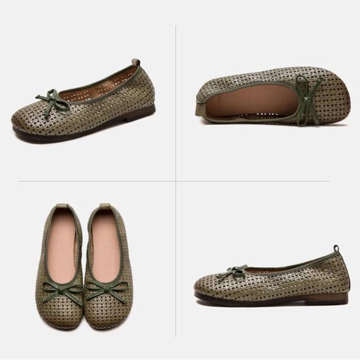 Johnature Retro Bow Flats Soft Soled Comfortable Shallow Hollow-out Breathable Casual Women's Shoes