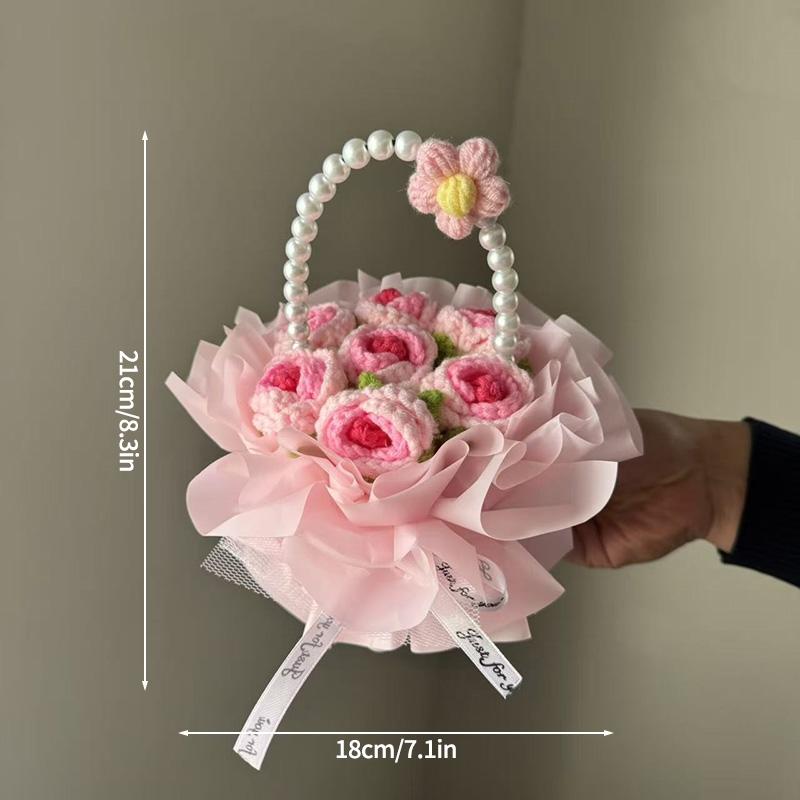 Crochet Rose Bouquet Handmade Knitted Sunflower Basketed For Graduation Mothers Day Birthday Wedding Gift Home Office Desk Decor