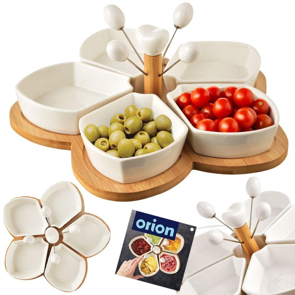White Porcelain Snack Bowls with Flower Bamboo Tray 10-Piece Set