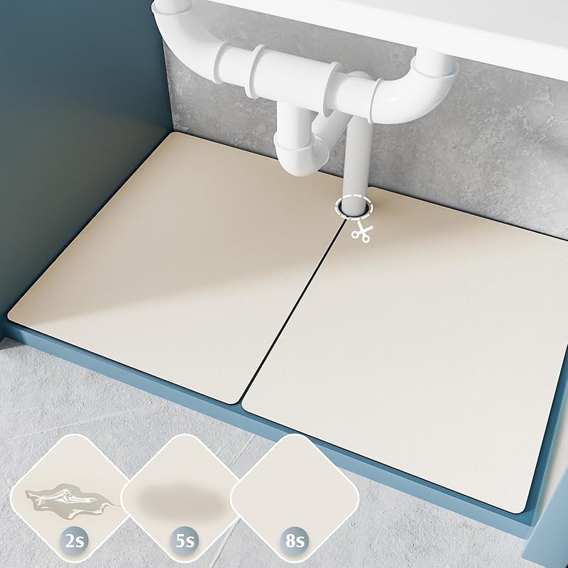 Under Sink Mat for Kitchen, 2 Piece Super Absorbent Undersink Mats for Bottom of Kitchen Sink, 34" X 22" Cuttable Under Sink Liner, Quick-Dry Under