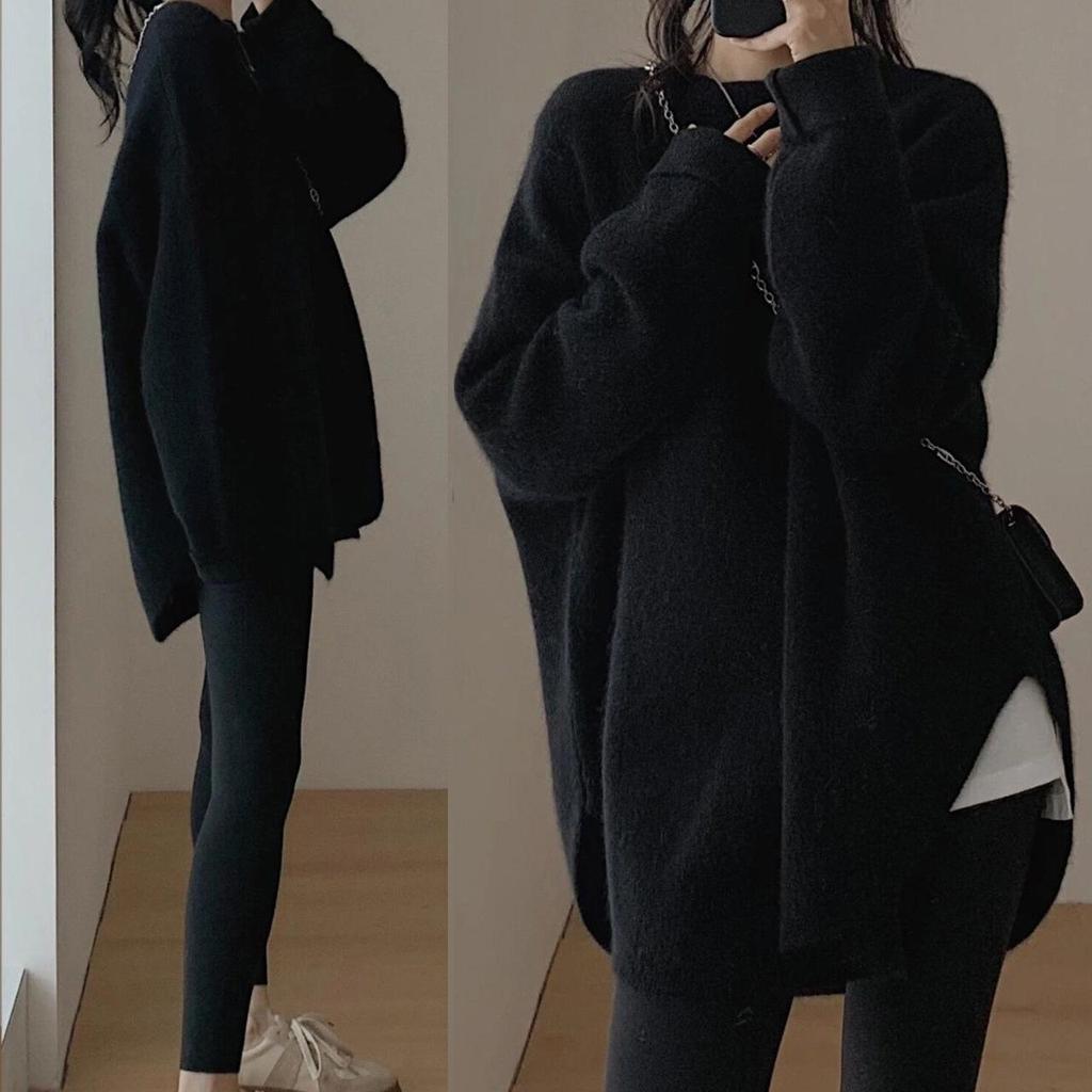 Malhas Outono e Inverno Novo Feminino Estilo Solto e Preguiçoso de Comprimento Médio Suéter Francês de Alta Qualidade Base Pulôver