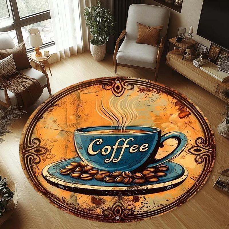 Vintage Coffee Theme Round Carpet Mat Rug Home Decoration Coffee Cup Pattern Gold Text Design Floor Decor Living Room