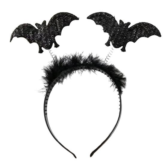 Halloween-Stirnband Kostümzubehör Stirnbänder, Schwarzes Spinnenfledermaus-Stirnband, Glitzerndes Flauschiges Haarband Kopfschmuck für Themen-Tanz Damen, Teenager, Cosplay,