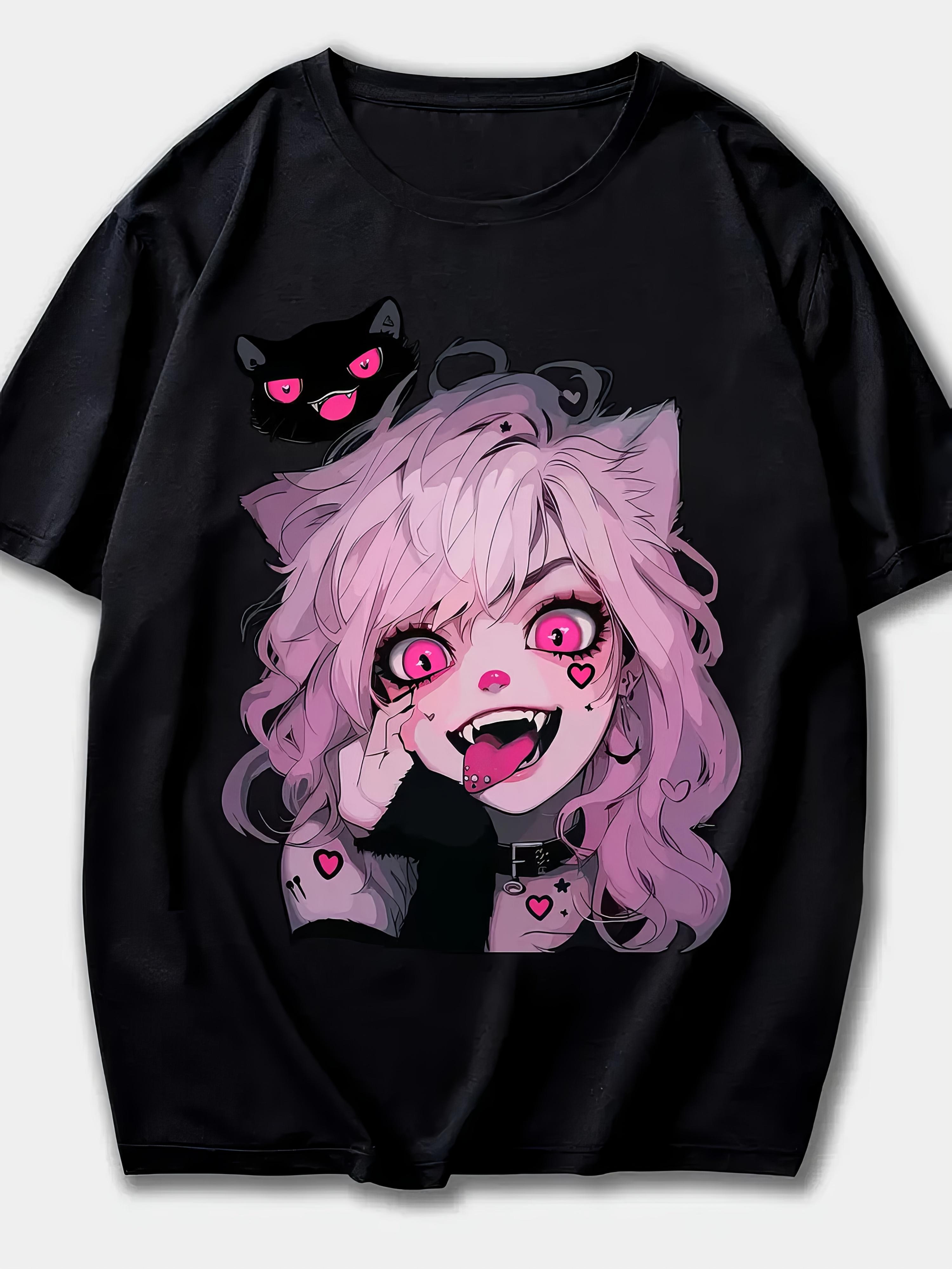 

Women s Cute Cat Graphic T-Shirt Short Sleeve Crew Neck Casual Top with Pink Hair & Hearts Design Casual Wear Tee Cat Shirt S