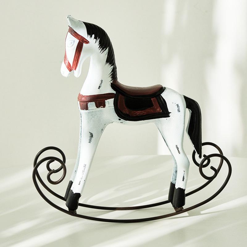 Nordic Retro Distressed Wooden Rocking Horse Ornament for Home and Children's Room Decor.