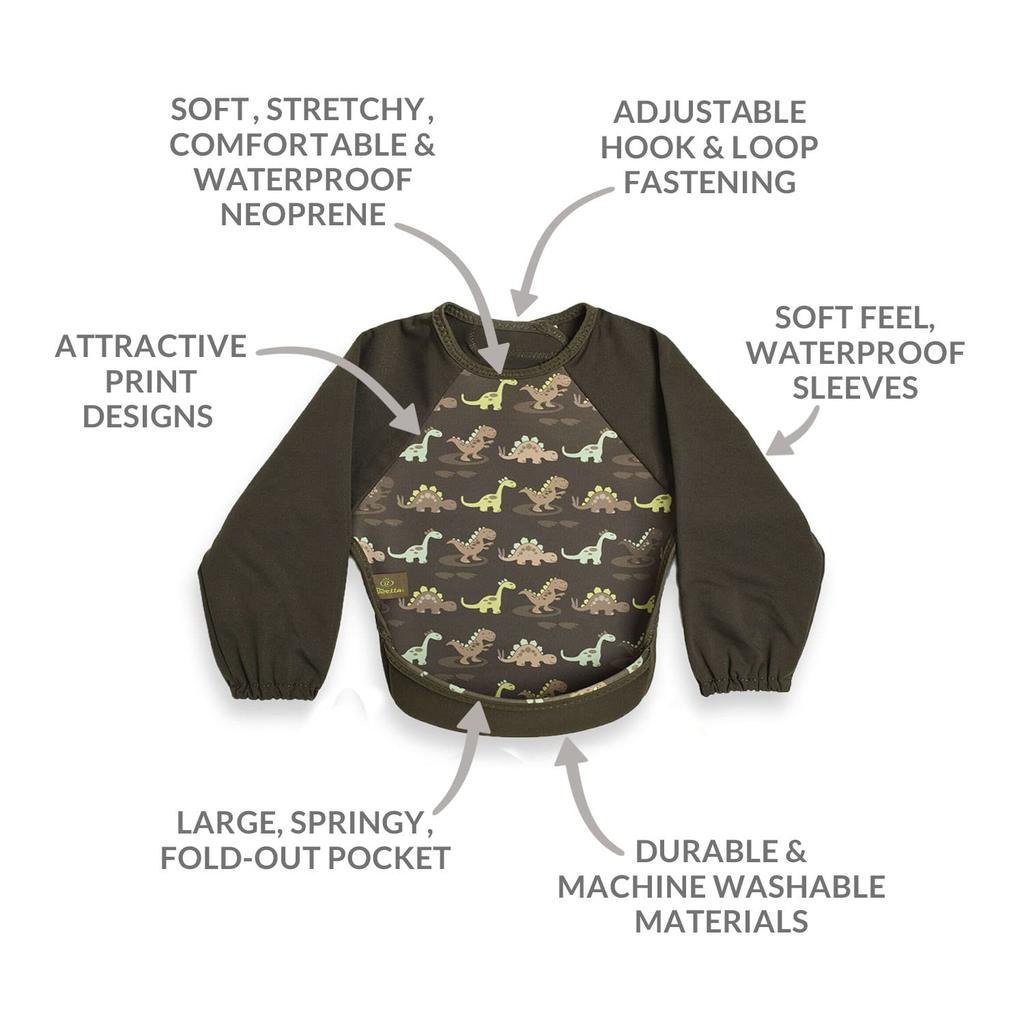 Bibetta Waterproof Apron with Ultra Raglan Dinosaur Roll-Up Sleeves, Bib, Sleeves,