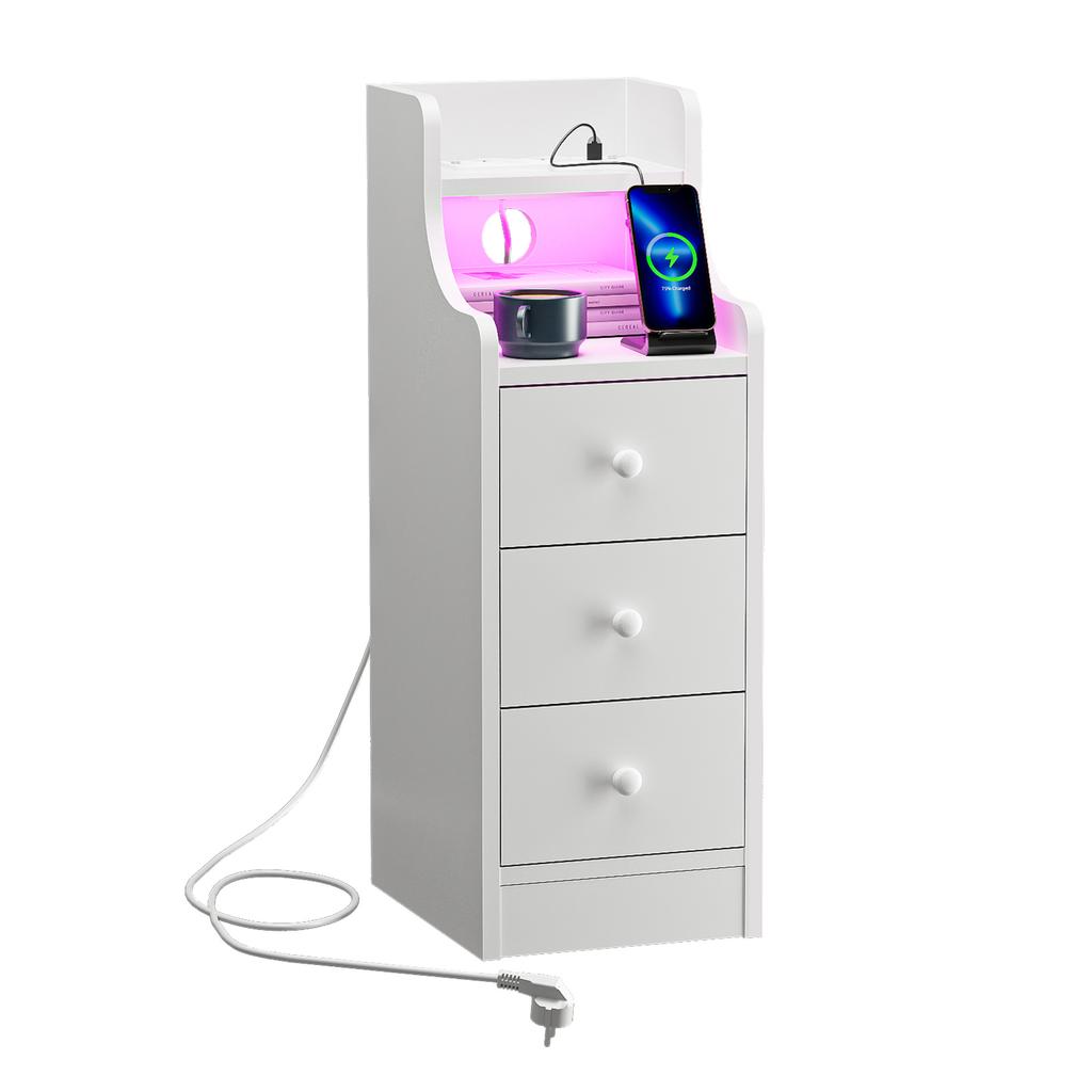 Wood Bedside Table 3 Drawers Adjustable Brightness With Charging Station 2AC/2USB Space Saving Side Cabinet Desk Nightstands