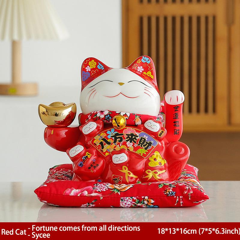 7 Inch Fortune Cat with Waving Arm Ceramic Maneki Neko Feng Shui Ornament Lucky Cat for Shops, Restaurant, Home Table Decoration