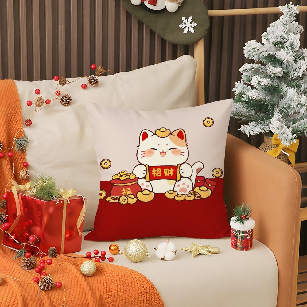Rich Luck Money Cat Pillow Case Living Room Sofa Decorative Cushion Cover Simple Household Light Luxury Printed Pillow