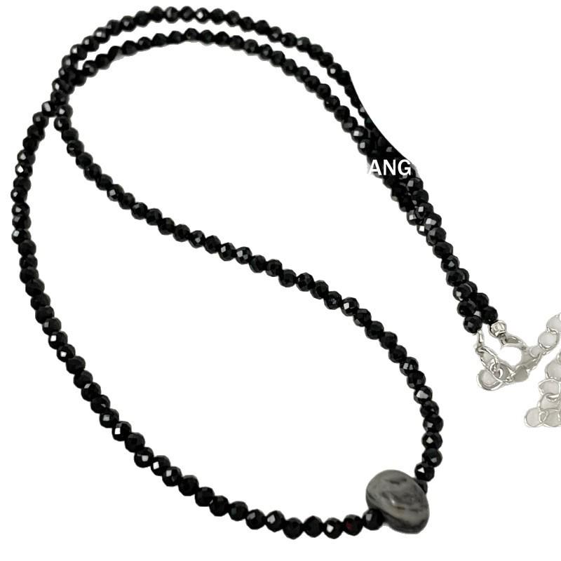 S925 Sterling Silver Black Spinel & Gray Stone Beaded Necklace - Sweet Cool High-End Layered Clavicle Chain for Girls