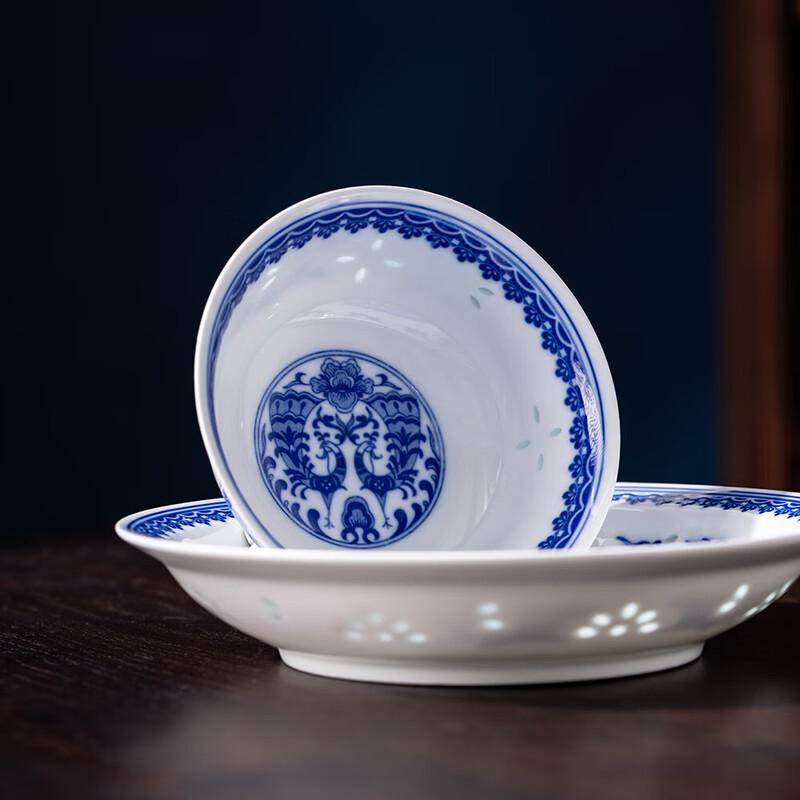 Jingdezhen Peacock Blue & White Linglong Ceramic Dinnerware Set