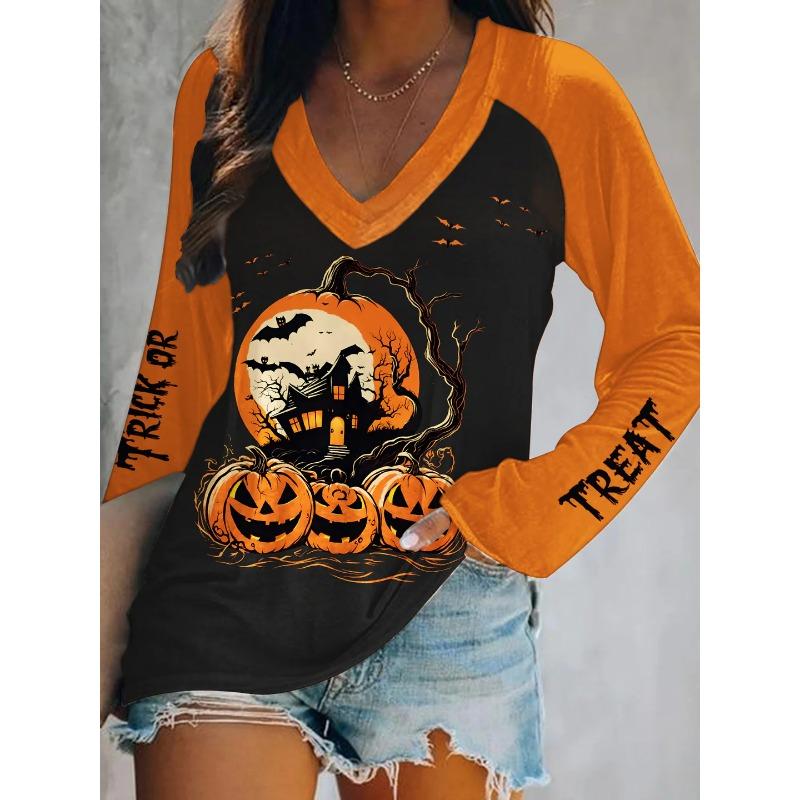 Halloween Pumpkin Ghost Print 3D Graphic Long Sleeve T-Shirt Casual V-Neck Top Polyester Breathable Women's Fashion Apparel