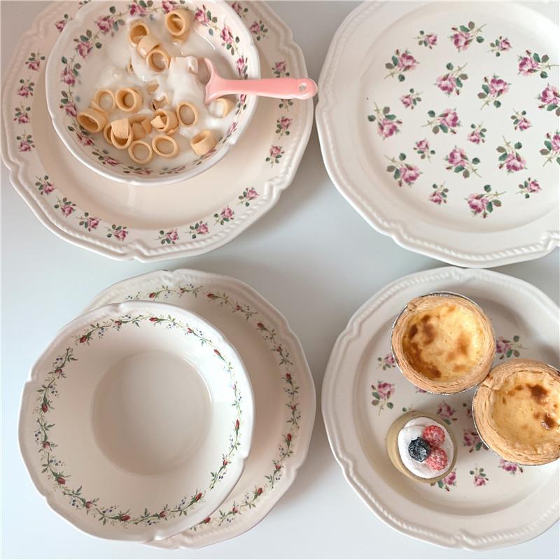 New French Retro Small Flower Relief Ceramic Western Steak Pasta Plate Yogurt Salad Bowl Dessert  Dish  Serving