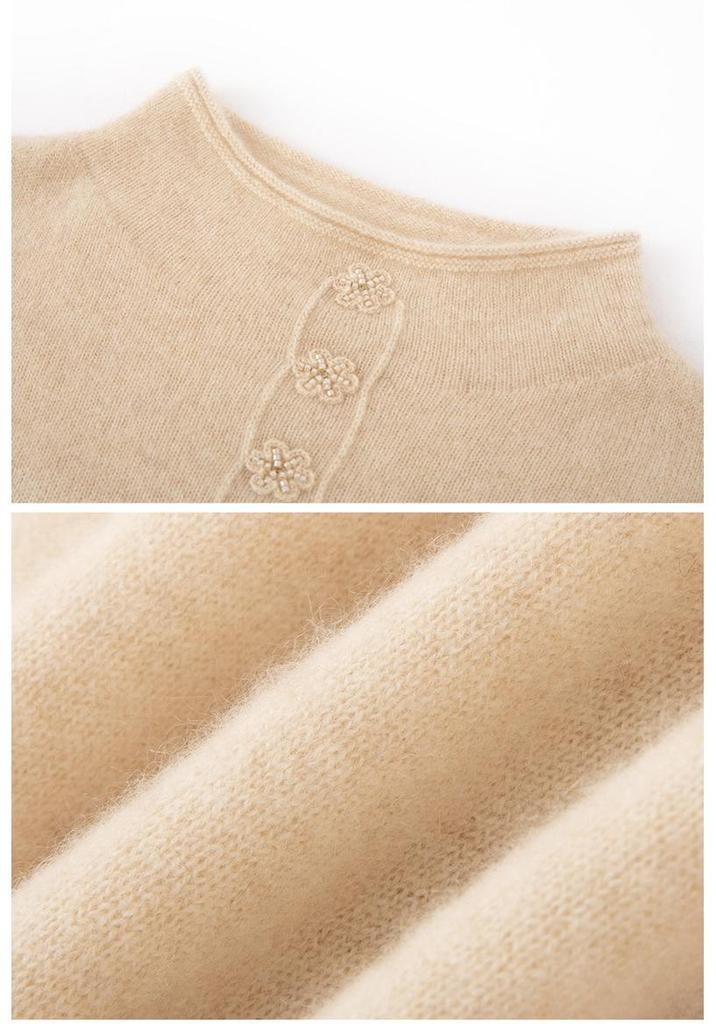 Lekasha Pure Cashmere Hand-Beaded Half-High Collar Cardigan Coat for Women