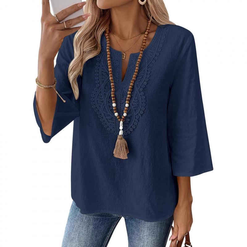 2026 Spring/Summer Bohemian Style Women's Linen Lace Trim V-Neck Three-Quarter Sleeve Casual Blouse