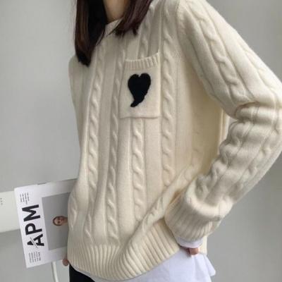 Pullover Sweater Autumn and Winter O Neck Long Sleeve Pocket Love Solid Loose Knitted Fried Dough Twists Pullover Women