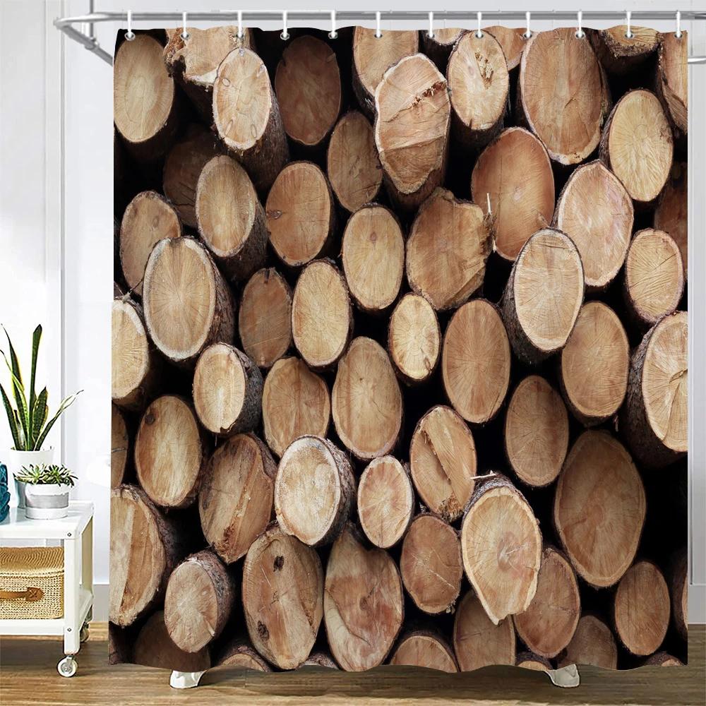 Nordický retro styl Dřevěná deska Vzor 3D tisk Sprchový závěs s háčky Polyester Vodotěsný Domácí dekorace Závěsy 180X180cm