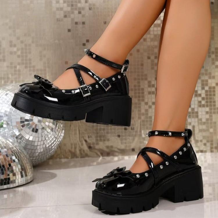 Mode Neue Damen Mary Jane Schuhe für Damen Knöchelriemen Lolita Schuhe Plateau Leder Schleifen Punk Gothic Klobige Absatz-Sneakers Femme