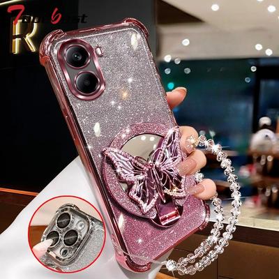 Glitzer Schmetterling Spiegel Kristall Armband Hülle Für Xiaomi POCO F7 Ultra M7 Pro 4G 5G Stoßfest Galvanisiert Silikonhülle