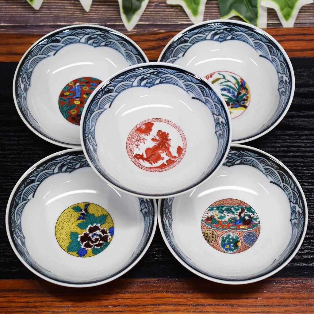Waza no Kura Stylish Tableware, Kutani Ware Small Bowls, Set of 5, with Historical Paintings, High-Quality Ceramic Design, Japanese Tableware, Traditi