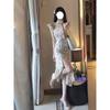 French Retro Gentle Wind Floral Dress Women's Summer New Waist Thin Split Suspender Long Dress