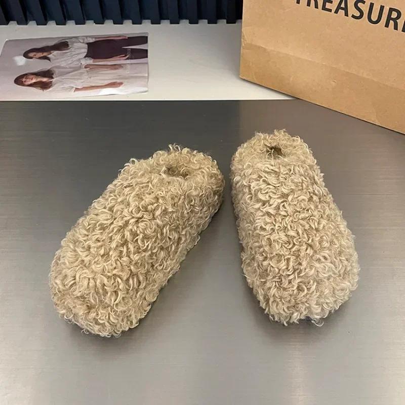 New Thick Heel Luxury Lamb Wool Winter Shoes for Women, Flip Top Flat Cap Shoes with Warm Curly Lamb Wool Slippers for Women