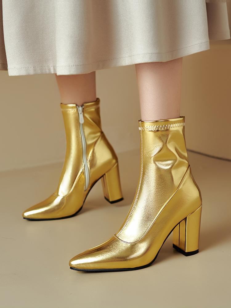 Gold Silver Women Mid Calf Boots High Heel Small Big Size 32 46