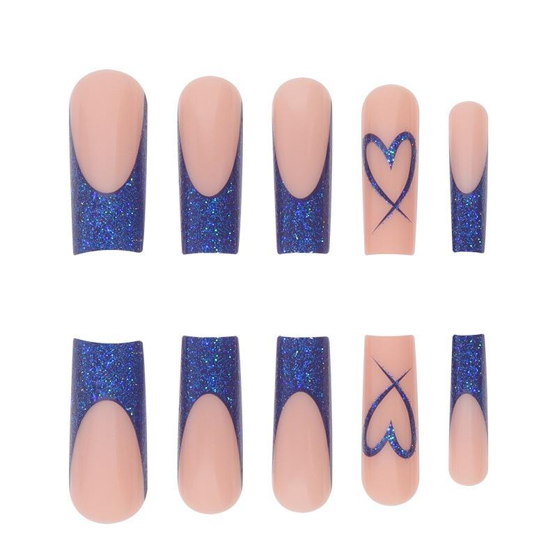 Long sparkling Enchantress blue Valentine's Day heart stripe simple brush European and American INS style hot girl wearing nail tips wholesale
