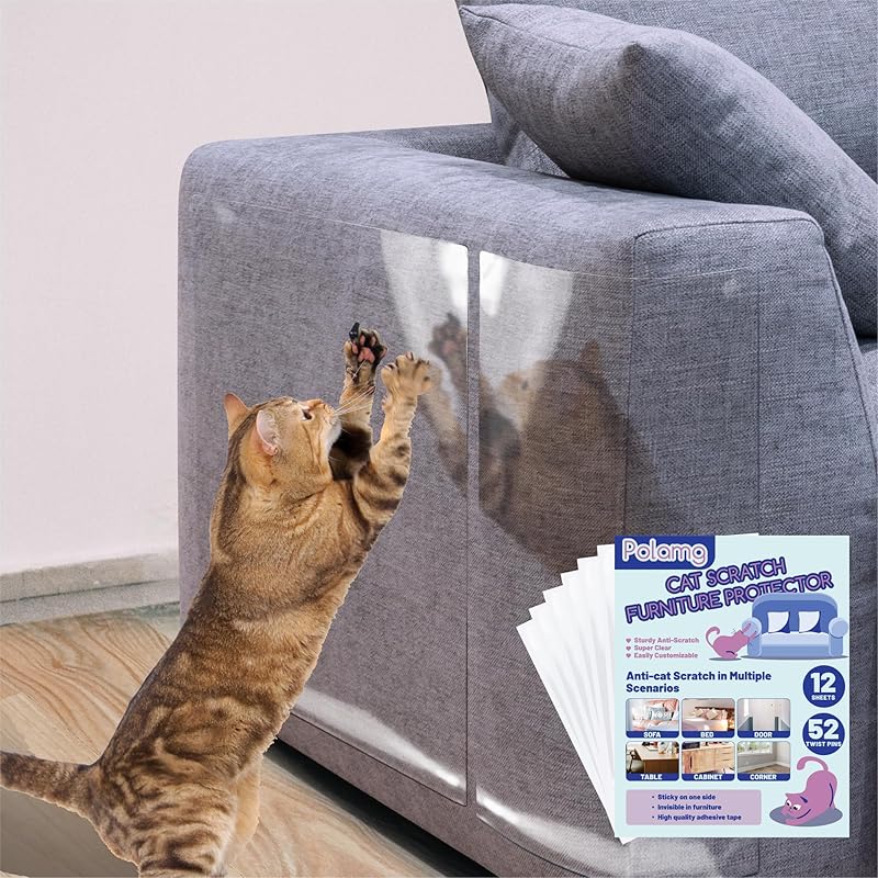 Anti-Cat Scratch Furniture Protector-12-Pack –Single-Sided, Heavy-Duty Self-Adhesive Tape, No-Residue for Couch, Doors & Walls - with 52 Twist Pins 12P+52 Pins