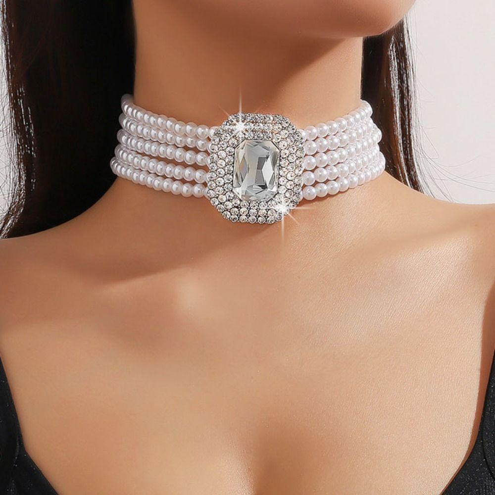 Charm Rhinestone Necklace Imitation Pearl Women Choker Vintage Pearl Multilayer Necklace  Party