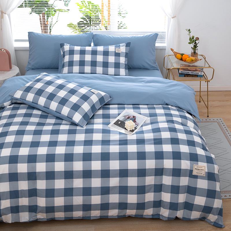 Muji Style Plaid Peach Fuzz Cotton Bedding Set: Skin-friendly Bed Sheet, Fitted Sheet, Duvet Cover - 3 or 4 Piece Options for Dorm.