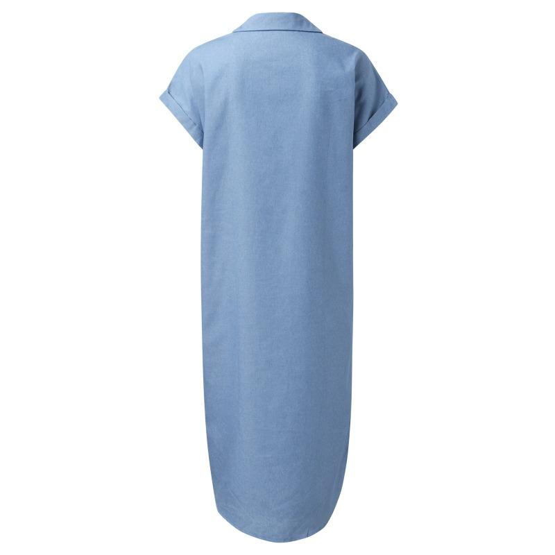 Women's Fashion Solid Color Denim Short-sleeved Dress Mid-length Slit Shirtdress