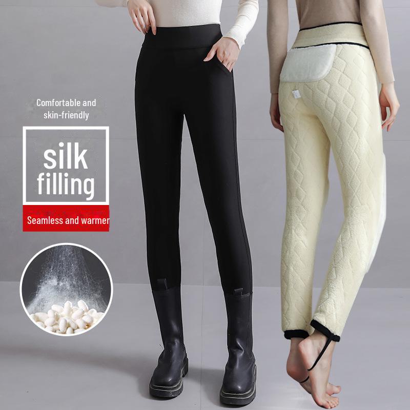 Women's High Waist Thick Wool Blend Leggings Extra Warm Fleece-Lined Knee Pad Pants