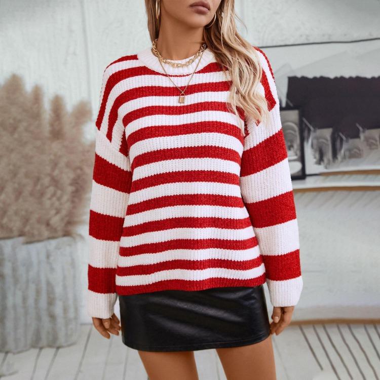 Vintage Randig Stickad Kofta Tröja Rund Hals Lös Långärmad för Höst Vinter