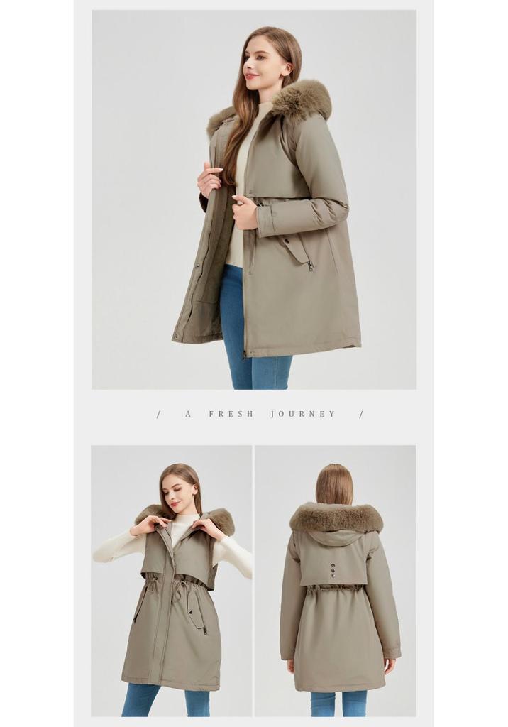 Women's Mid-Length Parka with Detachable Fur Collar and Sleeves - Warm, Thick Cotton Winter Jacket