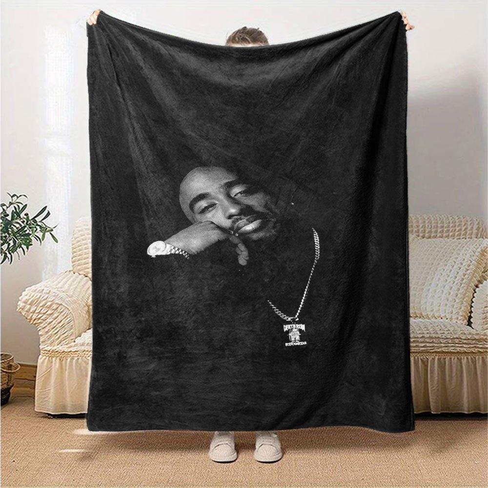 1pc 2PacHip Hop Blanket Soft Lightweight All Season Multi Purpose Throw for Sofa, Bed, Office & Picnics, French Style with Iconic Album Art & Quotes