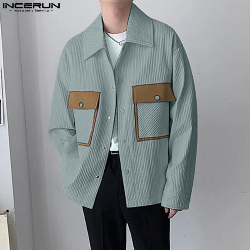 INCERUN Oversized Spring Men Long Sleeve Lapel Patchwork Buttons Up Texture Shirts