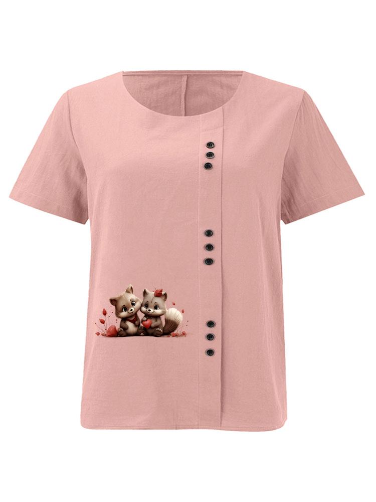 

Women s Fashion Couple Bear Print Round Neck Short Sleeve T-shirt Summer Casual Cotton Linen Graphic Shirt Leisure Loose Blouse Tops S розовый