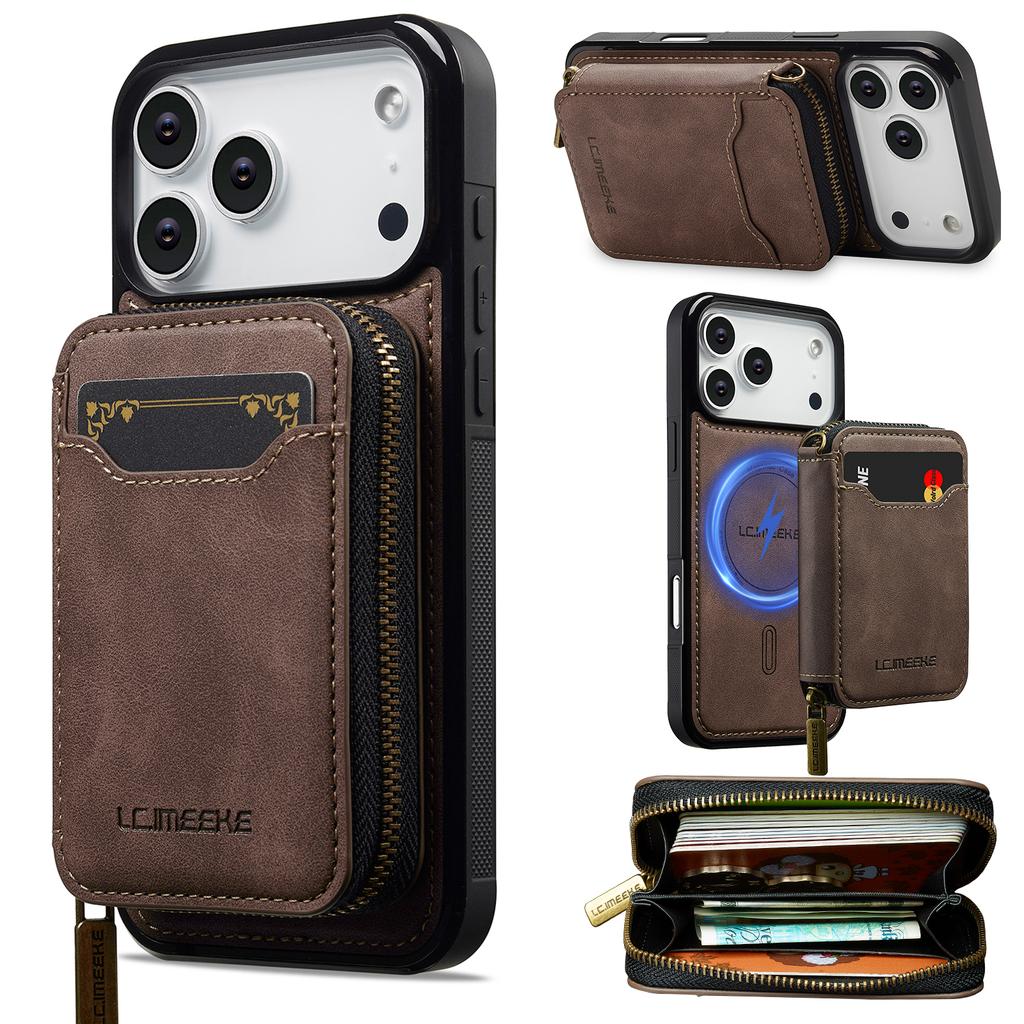 Detachable Magnetic Zipper Card Solt Wallet Leather Phone Case for IPhone 17 Pro Max Air 16 Plus 15 14 13 12 11 Pro Purse Cover