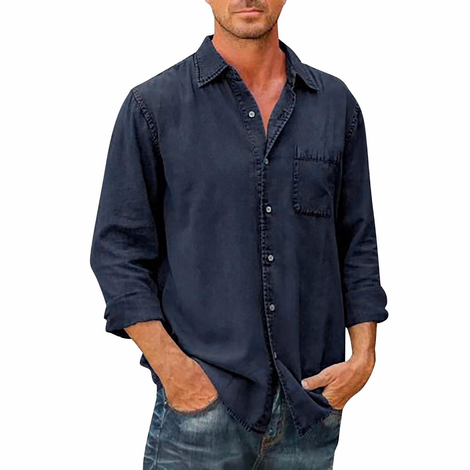 

Дизайнерские весенне-летние мужские повседневные хлопковые льняные рубашки с длинным рукавом, свободные рубашки XXL темно-синий